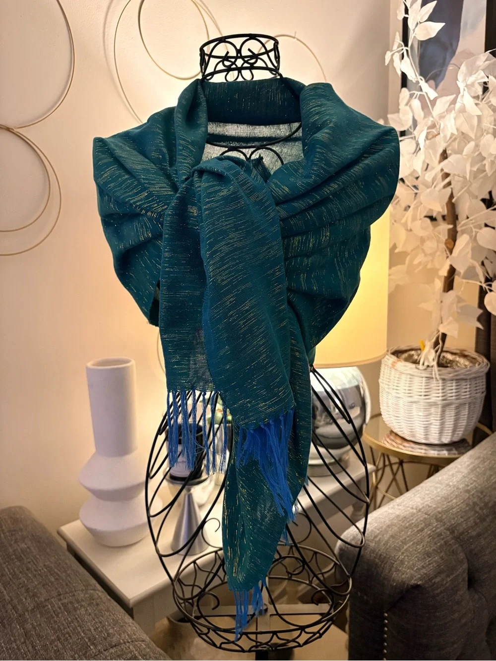 Textured Teal Woven Gold Metallic Thread Blue Fringe Wrap Scarf 21”x 65”